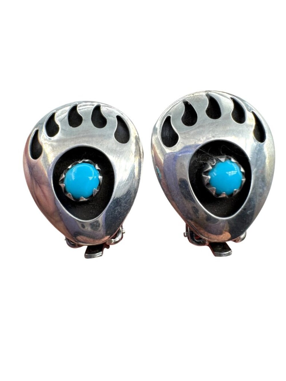 Vintage Native American Silver Bear Paw Clip-On Earrings Shadow Box Turquoise